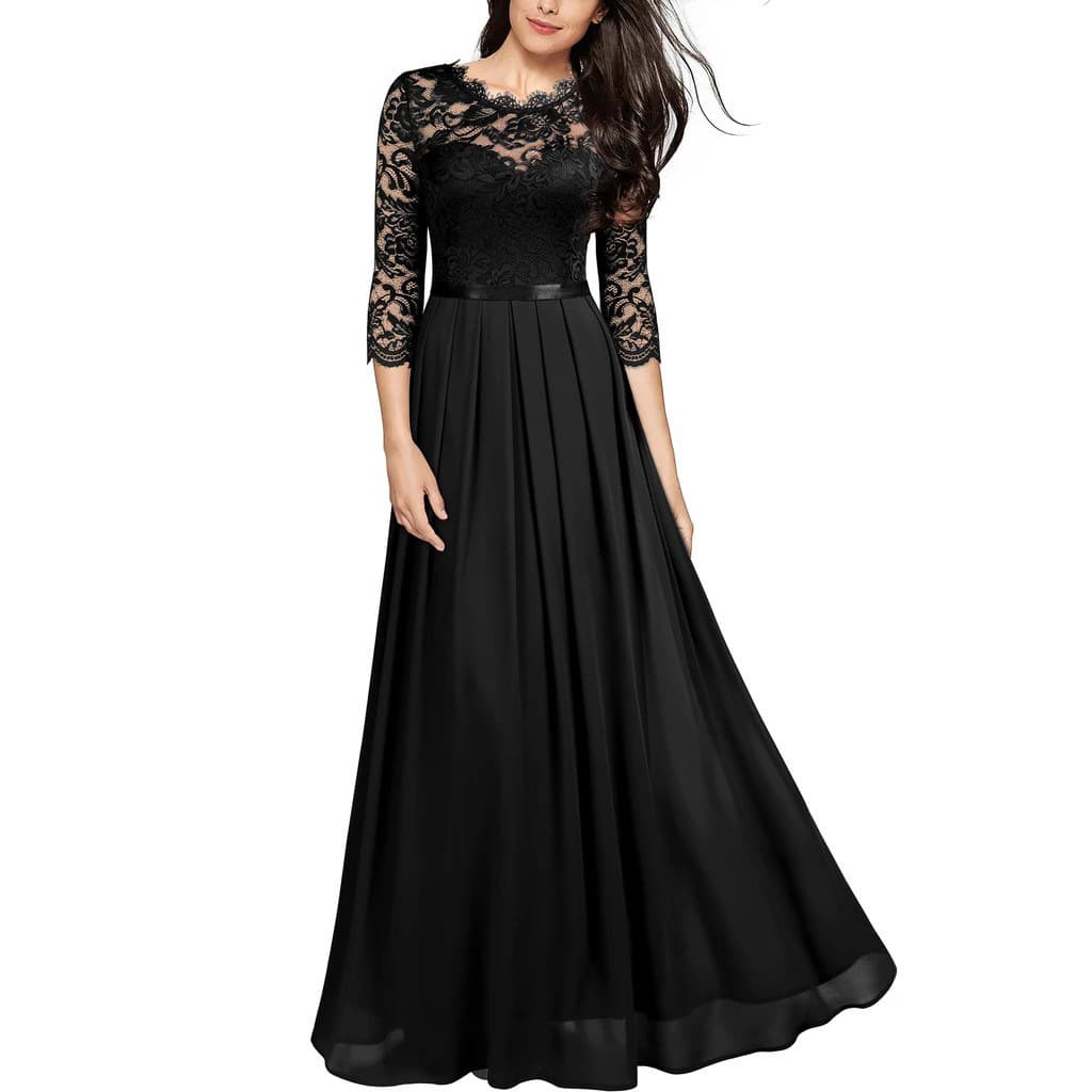 Evening dress, lace shiffon long skirt with a round collar, Amazon, European style 5