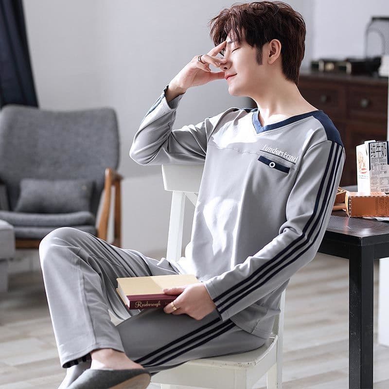 Men's autumn pijama, long-sleeve, thin cotton trousers, demi-season set for leisure, men's style, plus size 2