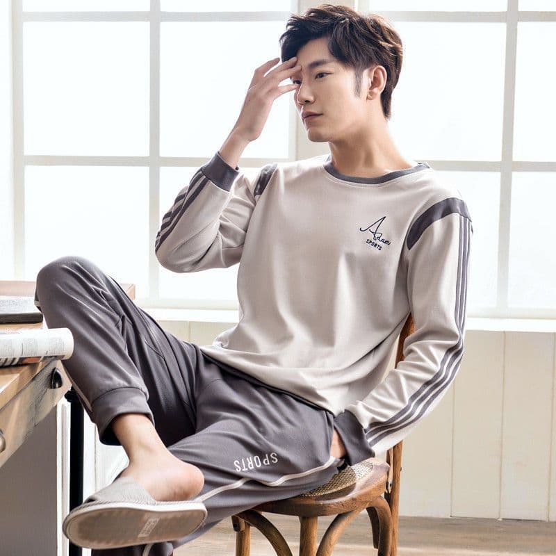 Men's autumn pijama, long-sleeve, thin cotton trousers, demi-season set for leisure, men's style, plus size 3