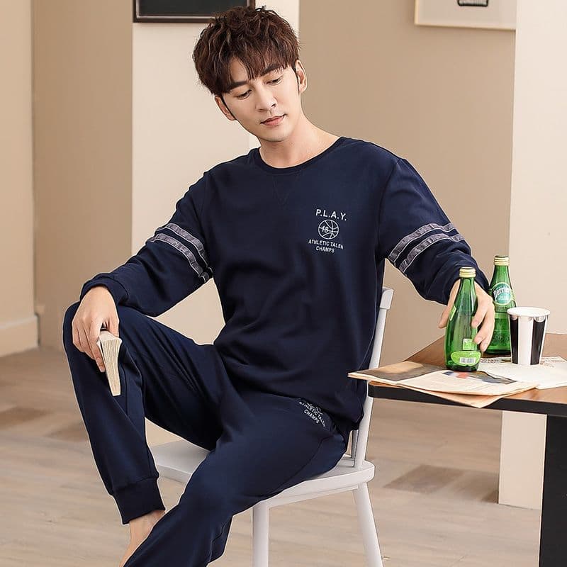 Men's autumn pijama, long-sleeve, thin cotton trousers, demi-season set for leisure, men's style, plus size 4