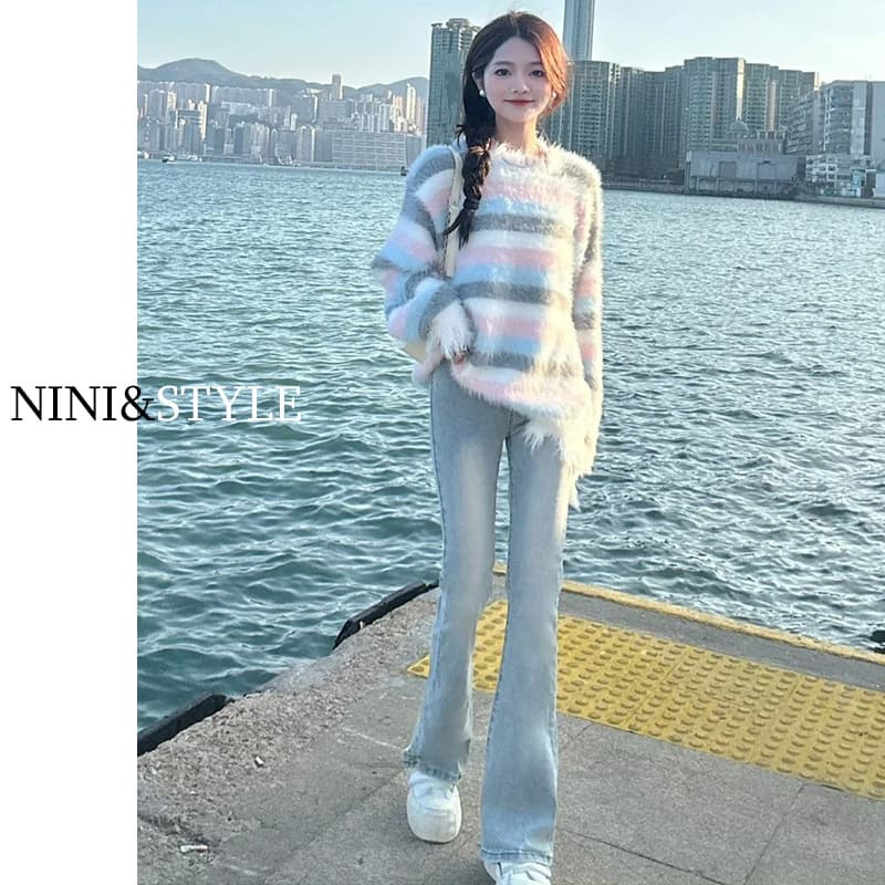Blue autumn jeans, fitted Tabi, flared trousers, 2024 years, new collection, for teenagers 3