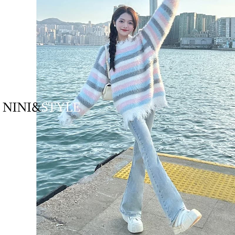 Blue autumn jeans, fitted Tabi, flared trousers, 2024 years, new collection, for teenagers 5