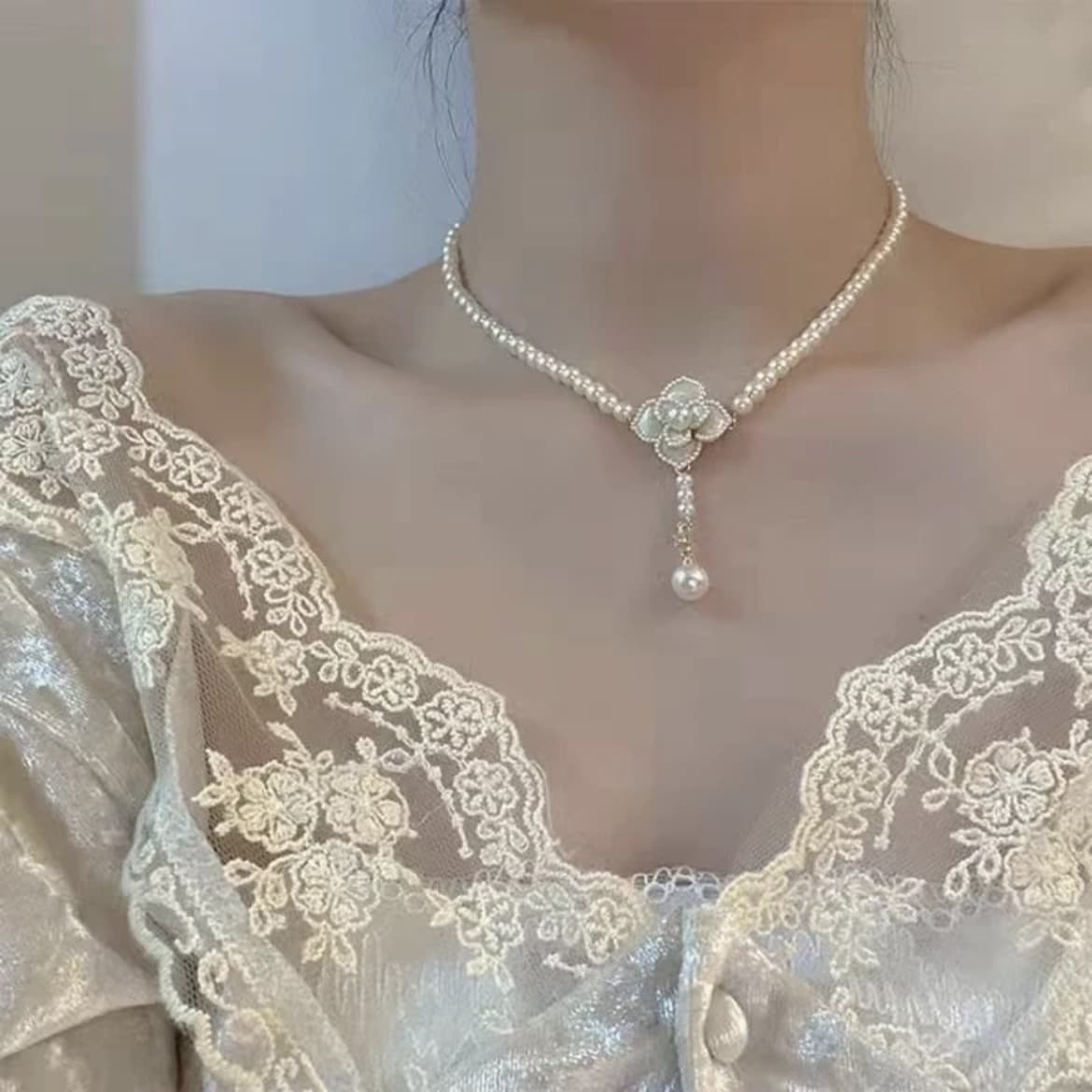 Retro elegant necklace from pearl, mountain tea, chain for key bag  for bride, wedding dress, evening dress, set, French vintage style, 3 piece set 2