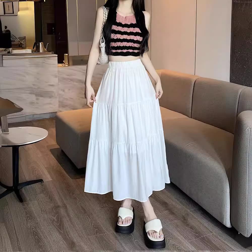 White fitted skirt, summer long brace, high waist, A-line, elastic waist 2