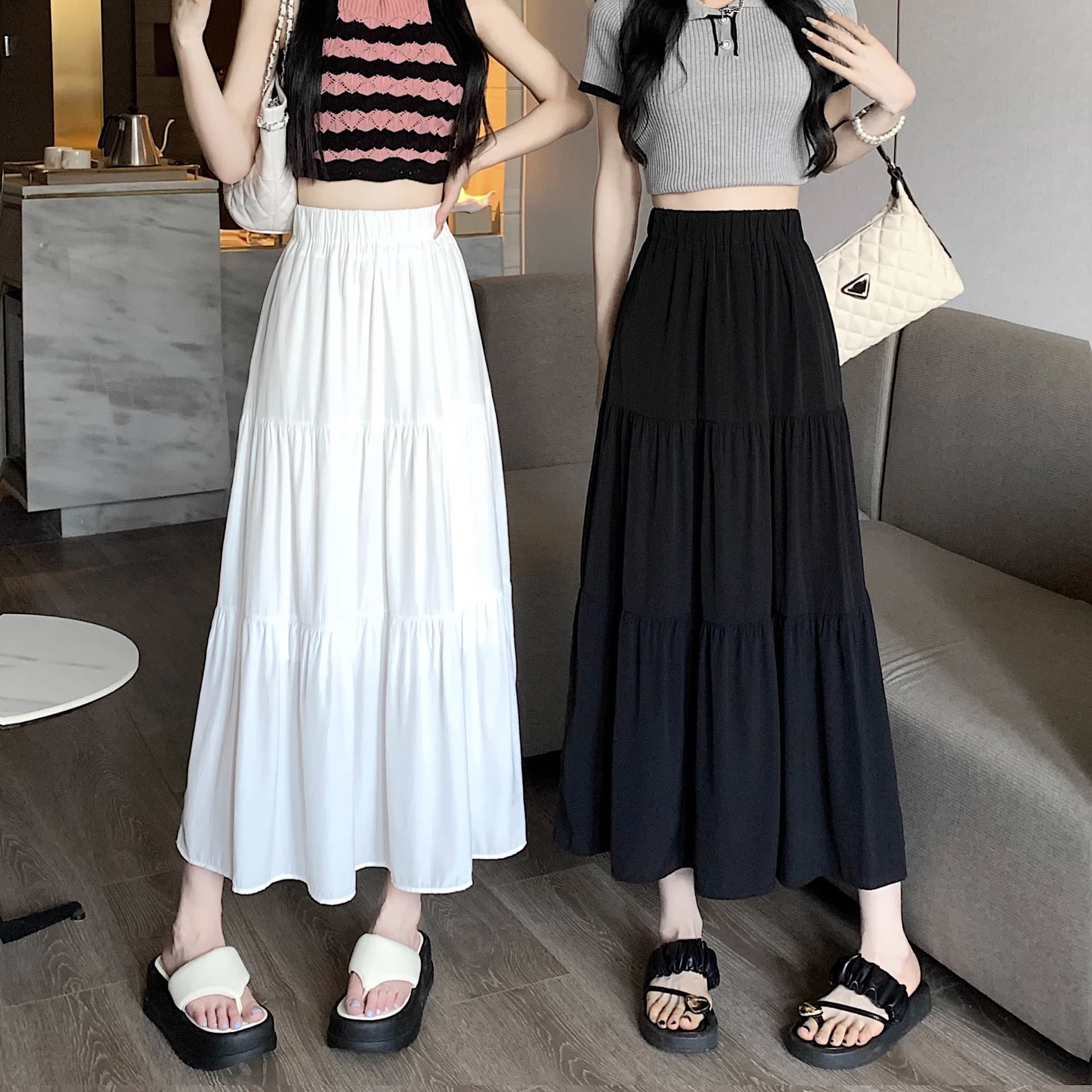 White fitted skirt, summer long brace, high waist, A-line, elastic waist