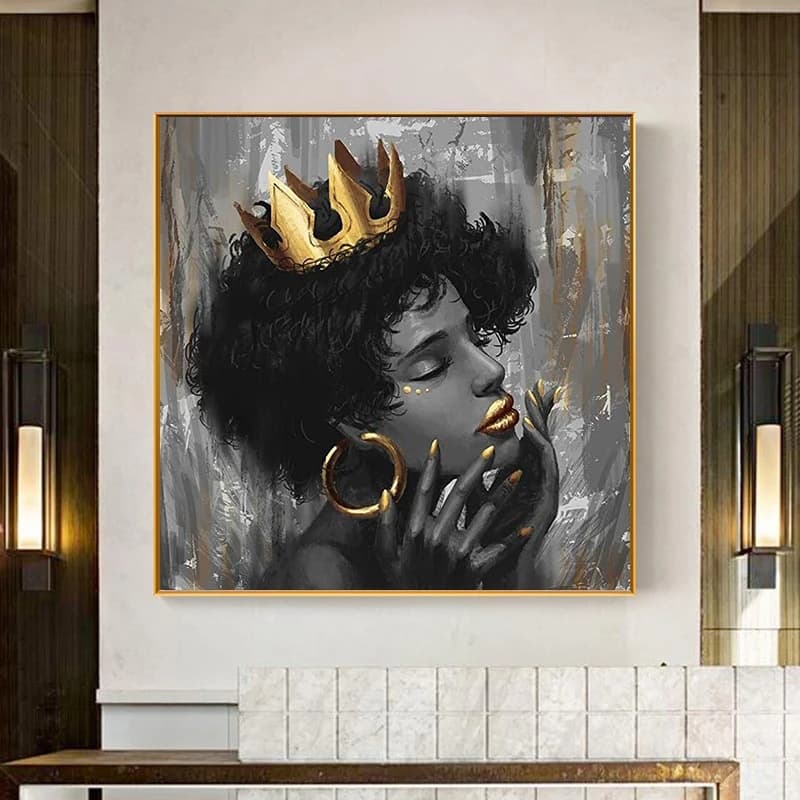 African beautiful black woman wearing crown canvas painting mural poster wall art modern decorative painting 2