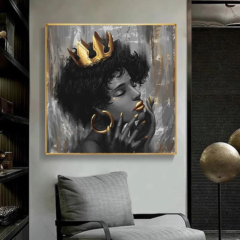 African beautiful black woman wearing crown canvas painting mural poster wall art modern decorative painting 3