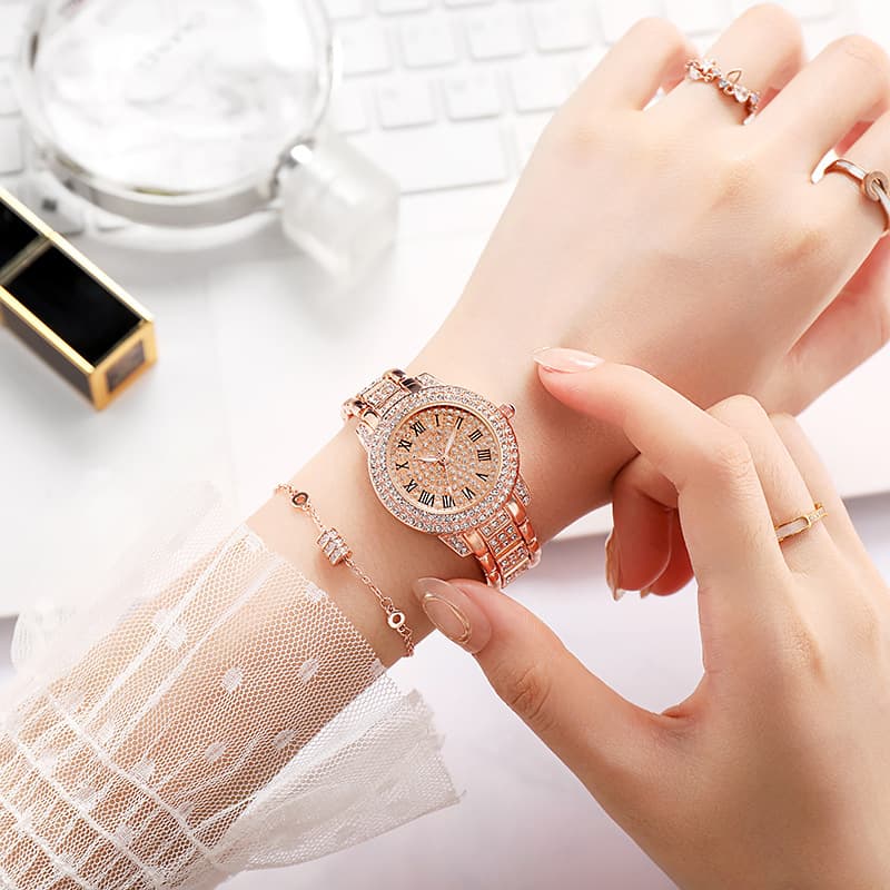 (Wholesale), swiss watch, golden fashionable quartz steel belt, diamond encrusted, pink gold 4