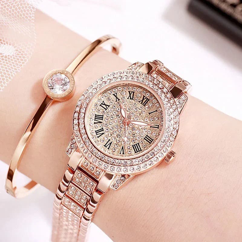 (Wholesale), swiss watch, golden fashionable quartz steel belt, diamond encrusted, pink gold