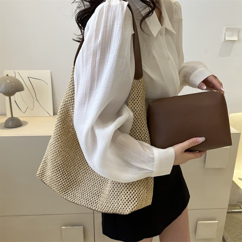 Summer handheld woven fashionable beach straw one-shoulder bag for traveling, small bag, western style