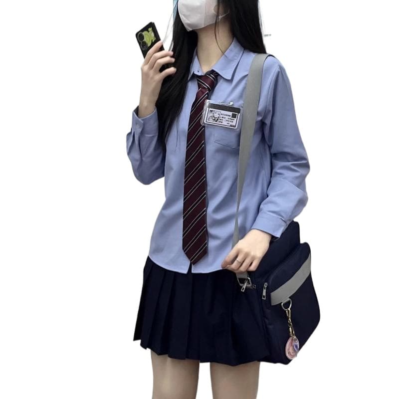 Blue shirt, small design thin student pleated skirt for students, trend of season 5