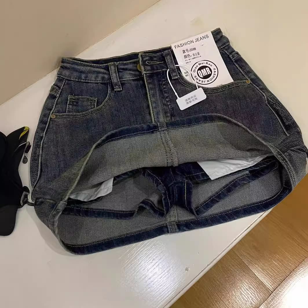 Retro summer denim skirt, universal protective underware, for teenagers, high waist, plus size