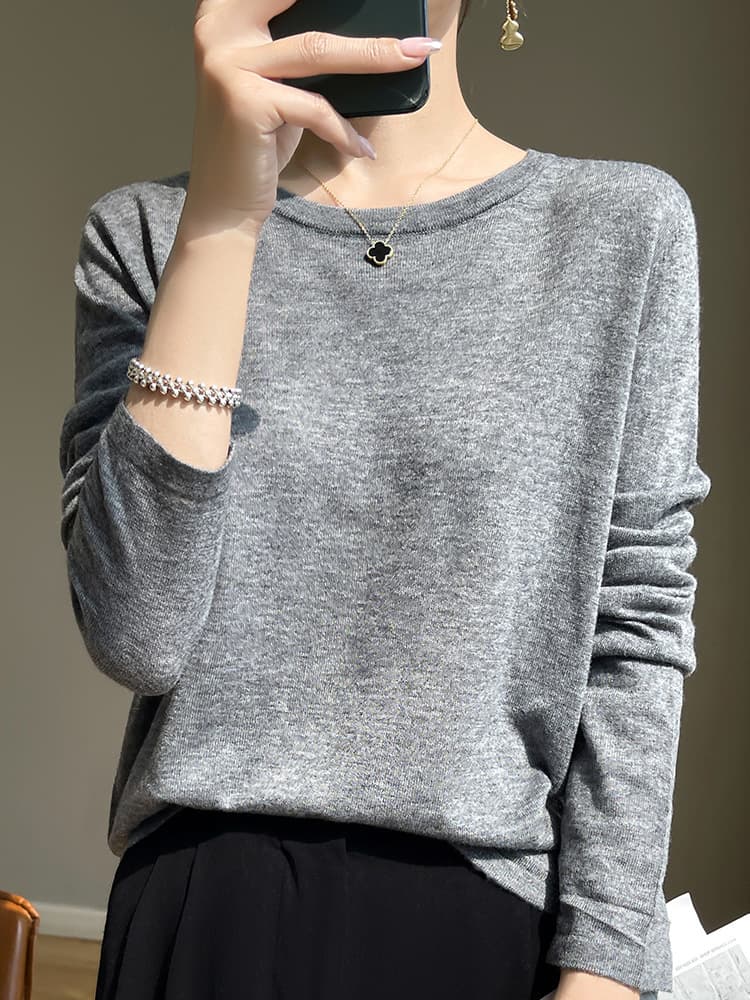 Woolen thin sweater with a round collar, spring silk long-sleeve, base body-friendly T-shirt, oversize 3