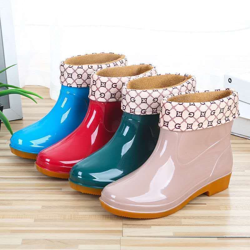 Rain boots for women short tube fashion plus cotton low tube plus velvet rain boots for adult women's non-slip kitchen work rubber shoes for women 3
