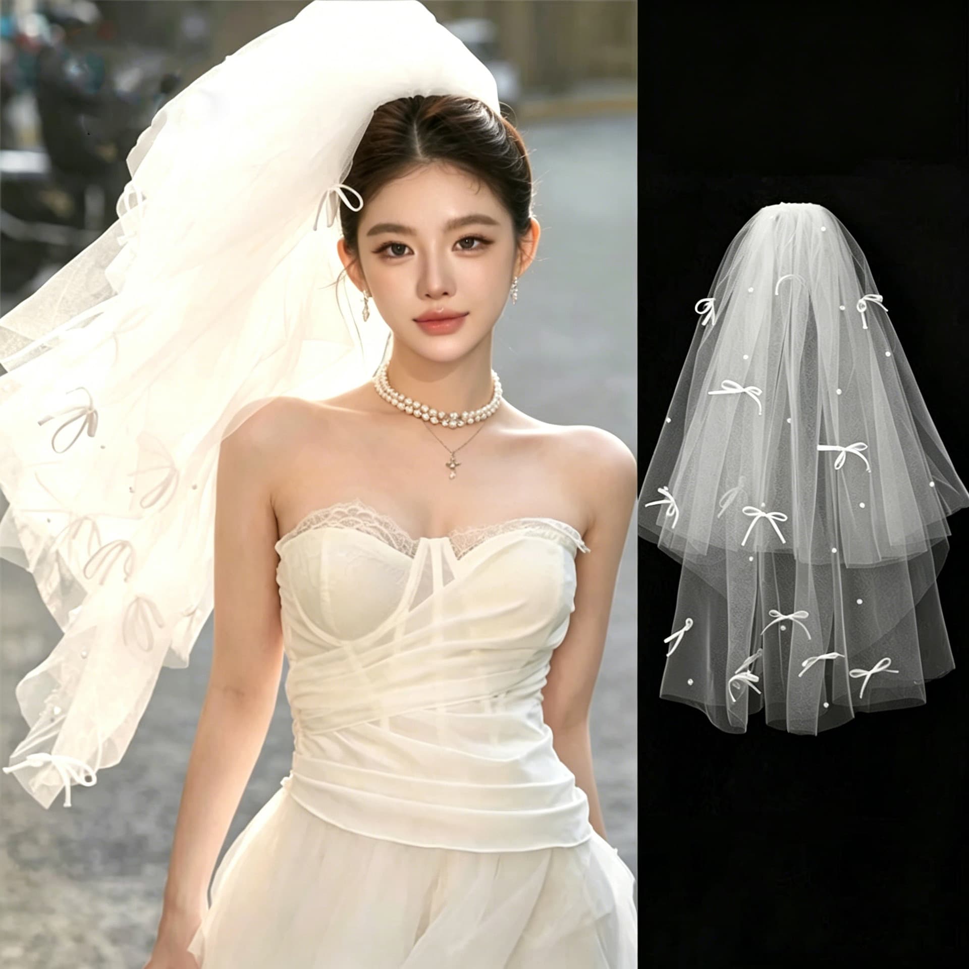 Korean bride's veil, hair accessory with bow pearl, cute accessories 2