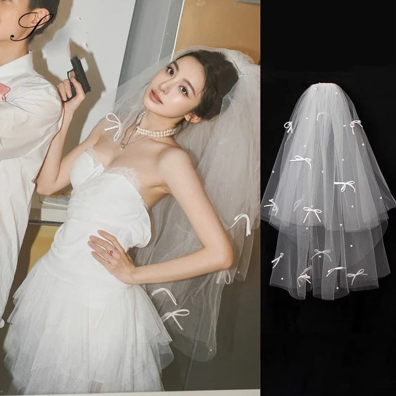 Korean bride's veil, hair accessory with bow pearl, cute accessories