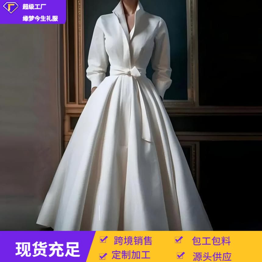 Retro wedding dress, long evening dress, french style, Aliexpress, city style, V-neckline
