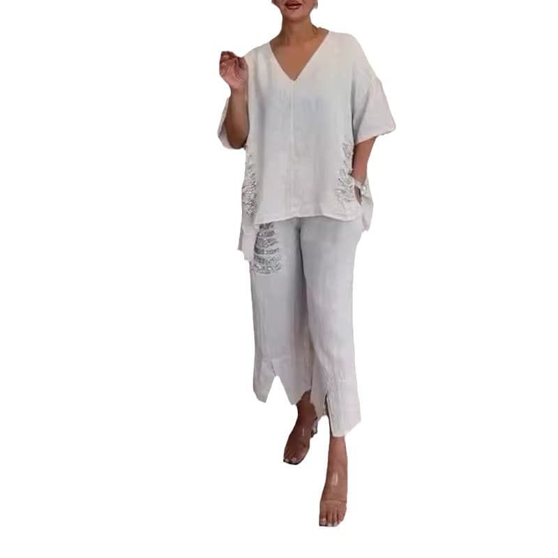 (Cross-border trading), set, (Physicals), cotton and linen, V-neckline 5