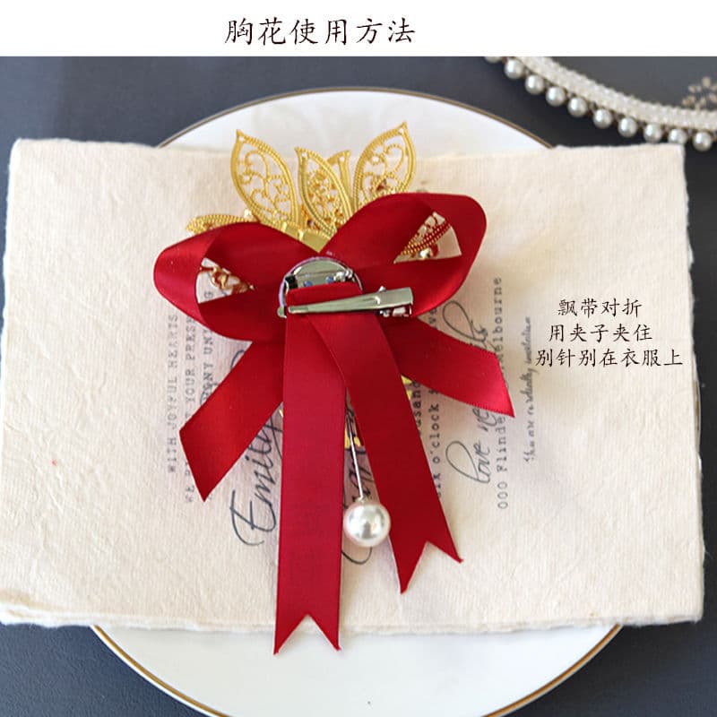 Wedding breast flower ribbon note called ribbon champagne wine red bride brides call wedding chest flower accessories note 4