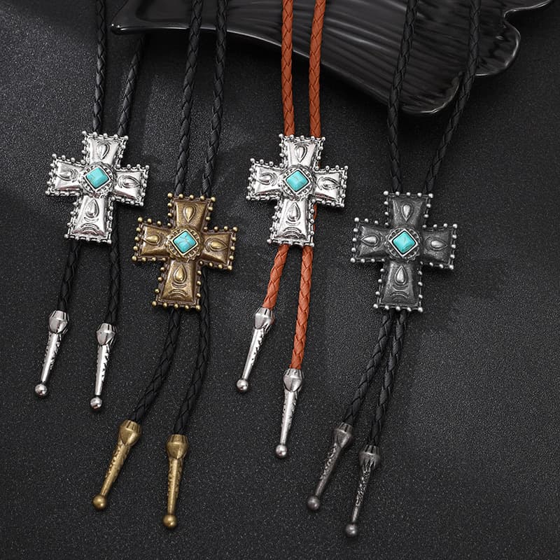Denim fashionable tie, turquoise sweater, metal pendant, necklace, European style, punk style