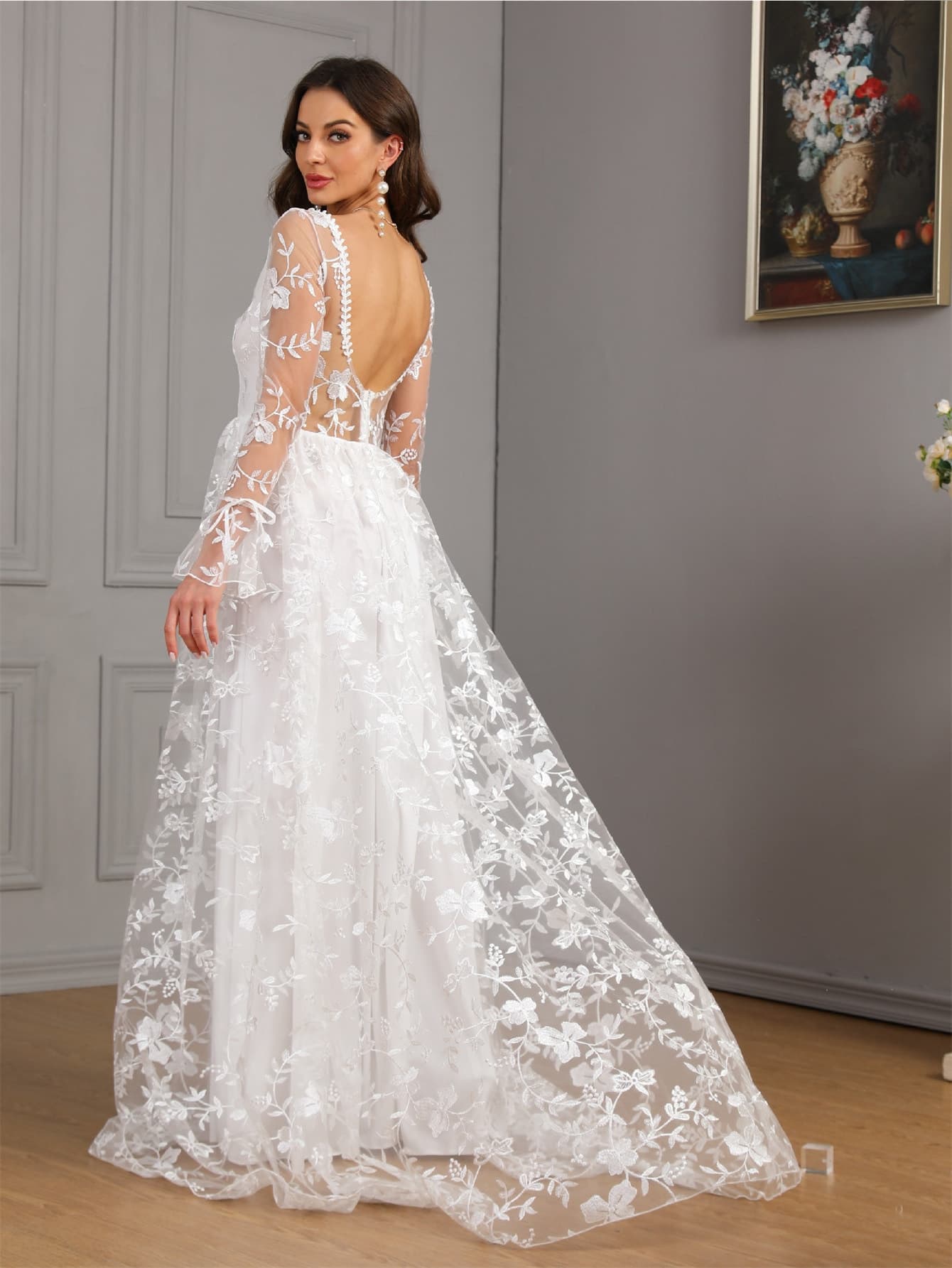 (Cross-border trading), autumn demi-season long-sleeve, lace wedding dress, European style, city style, V-neckline 4