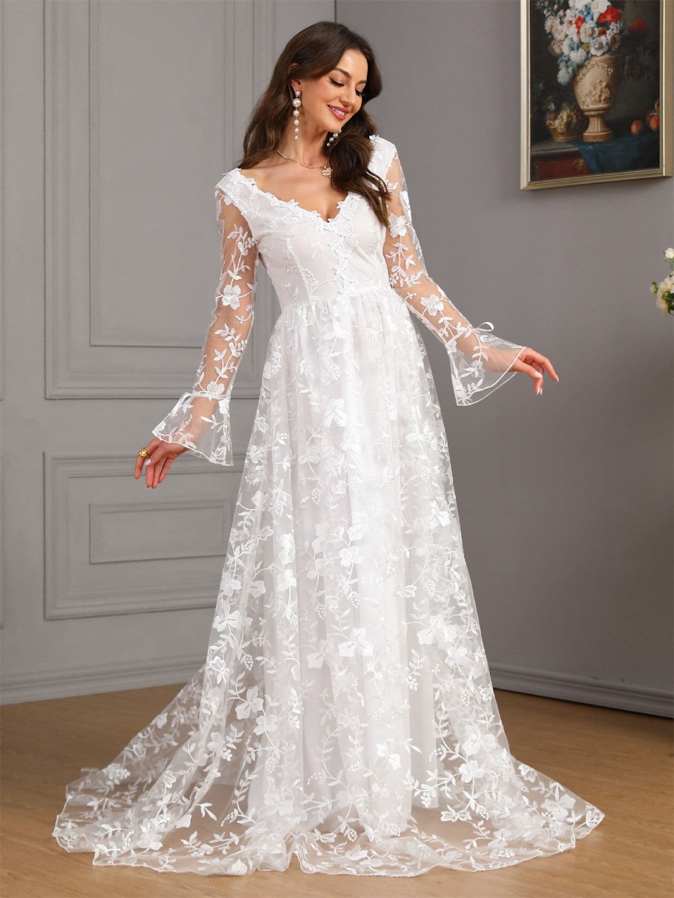 (Cross-border trading), autumn demi-season long-sleeve, lace wedding dress, European style, city style, V-neckline 5