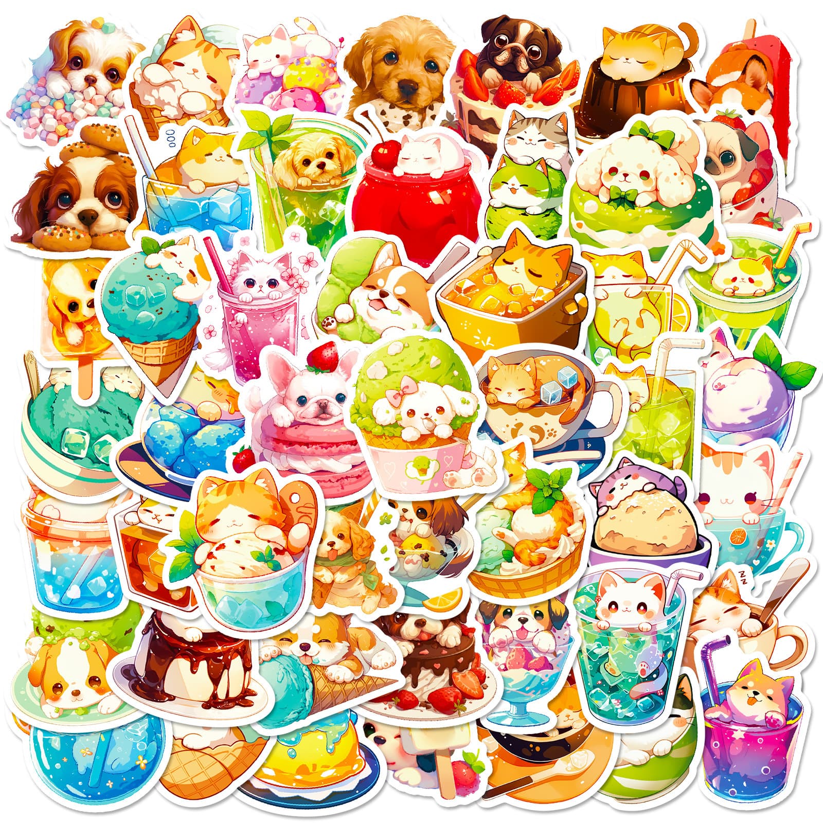 50 creative cute food cat and dog graffiti stickers pudding cats ice cream puppies non-repeating fun stickers