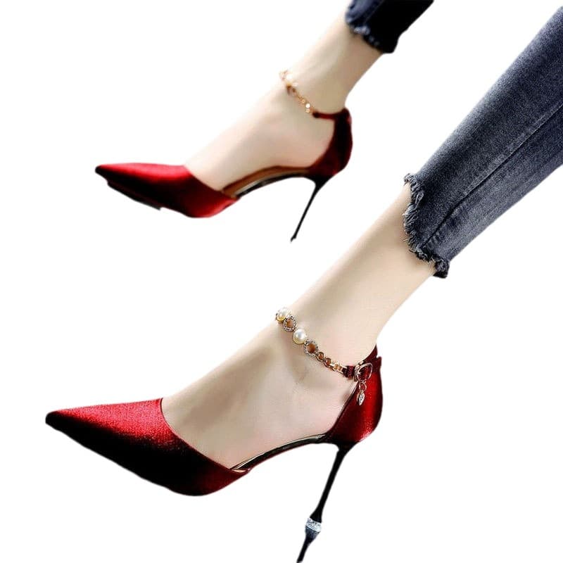 High heels, autumn elegant stiletto heels with pointed closed toe low-cut, trend of season, bright catchy style, adjustable strap 5