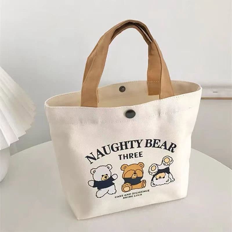Shopping bag, shoulder bag for students, lunch box bag, linen bag, with little bears, food bag 2