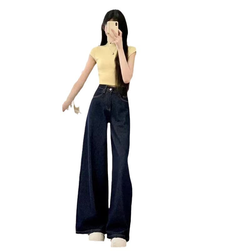 Retro dark blue jeans, trousers, high waist, loose straight fit, slim silhouette 5