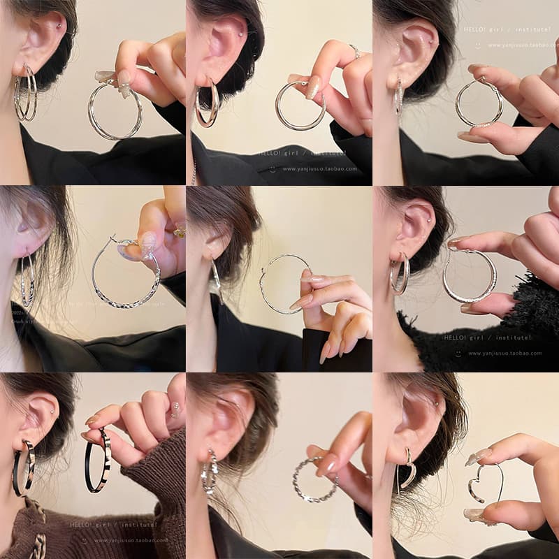 Fashionable universal hoop earrings, silver 925 sample, European style, high-quality style