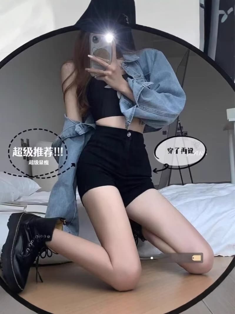 Black denim skirt, shorts, trousers, 2024 years, high waist, American style, hip-accented, tight, fitted, A-line