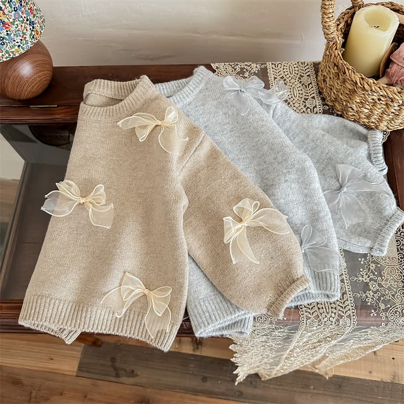 Autumn fashionable children's knitted sweater with bow, children's clothing, western style, Korean style 4