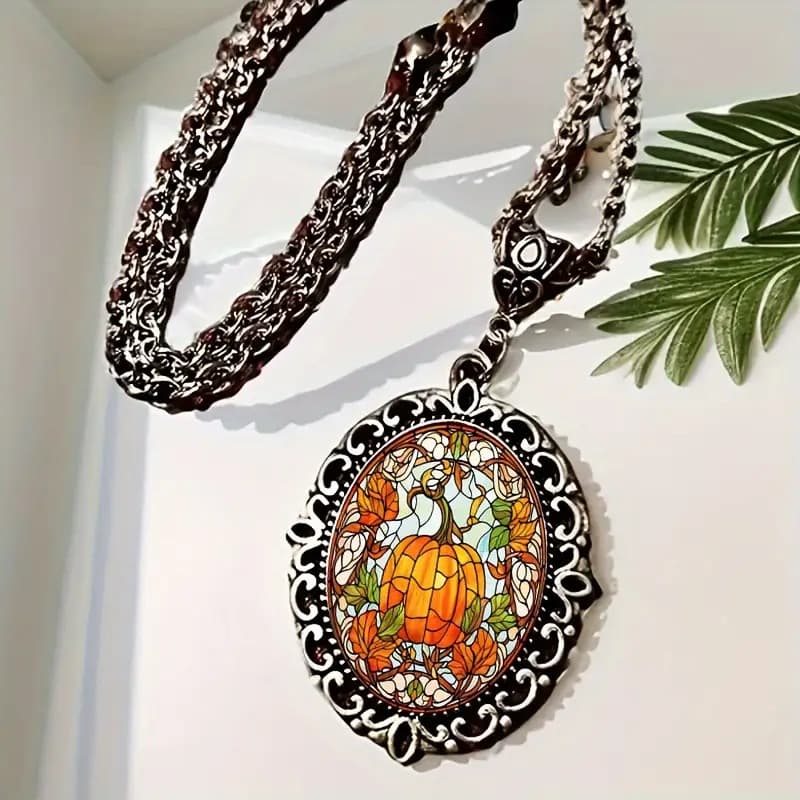 Elegant glass pendant, necklace, retro jewelry, print, halloween