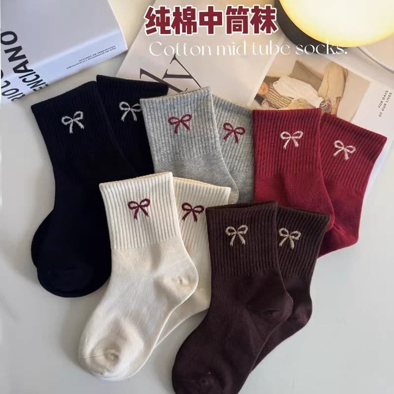 Children's demi-season sports trend knee socks with bow, mid-length, for teenagers