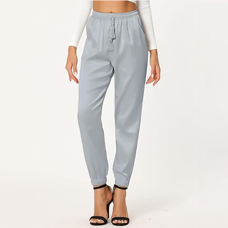 Allegra K women's traction elastic waist sports casual pants ankle length satin joggers with pocket 2