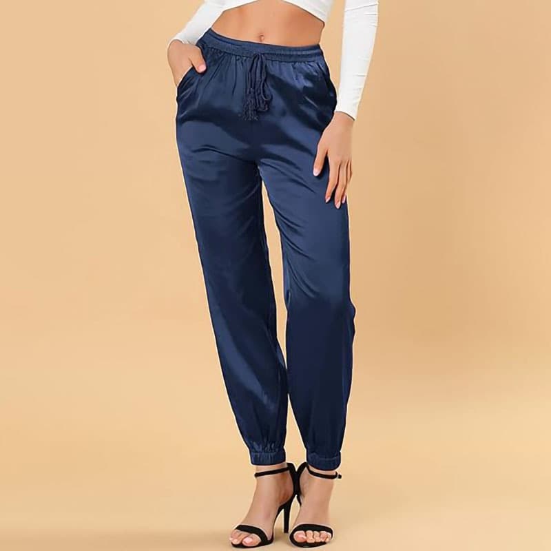 Allegra K women's traction elastic waist sports casual pants ankle length satin joggers with pocket 3