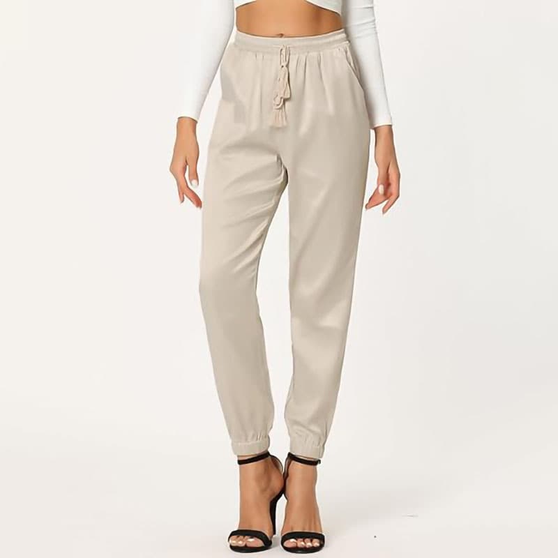 Allegra K women's traction elastic waist sports casual pants ankle length satin joggers with pocket 4