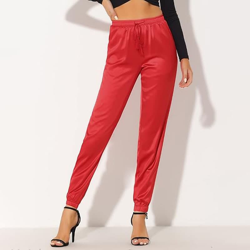 Allegra K women's traction elastic waist sports casual pants ankle length satin joggers with pocket 5