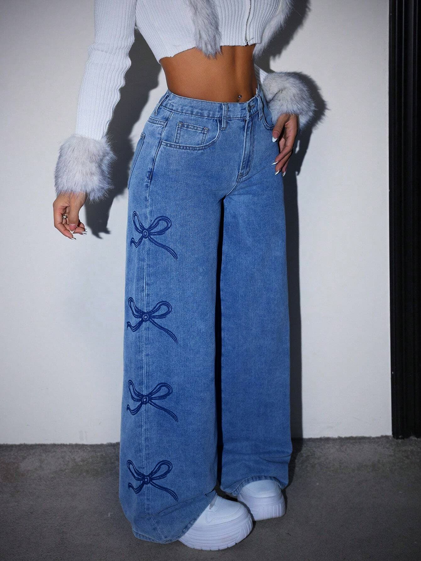 Denim jeans with bow, American style, high waist