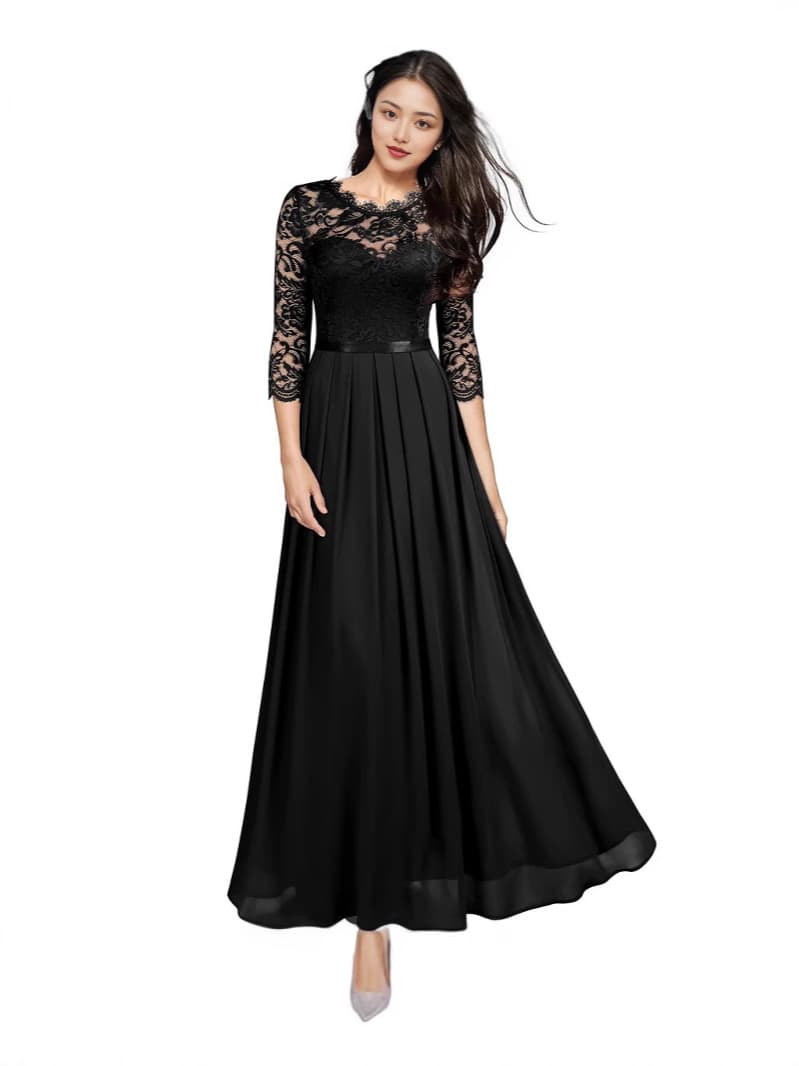 Evening dress, lace shiffon long skirt with a round collar, 2023, Aliexpress, European style 3