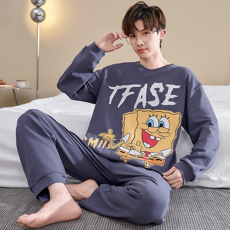 Demi-season pijama, cotton cartoon autumn long-sleeve, thin set for students, for teenagers, for secondary school 4