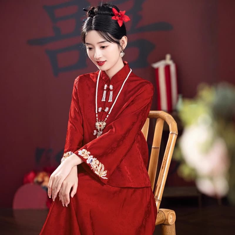 Red evening dress, set, suhe traditional wedding dress, Chinese style 3