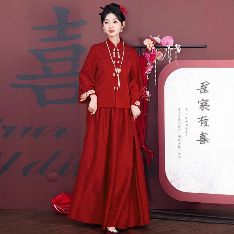 Red evening dress, set, suhe traditional wedding dress, Chinese style