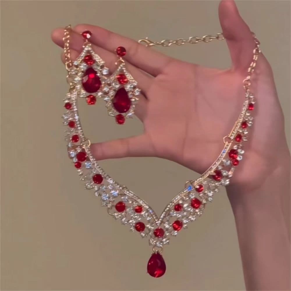 (Cross-border trading), red earrings drop-shaped, necklace, chain, set, accessory for bride, light luxury style, high-quality style 2