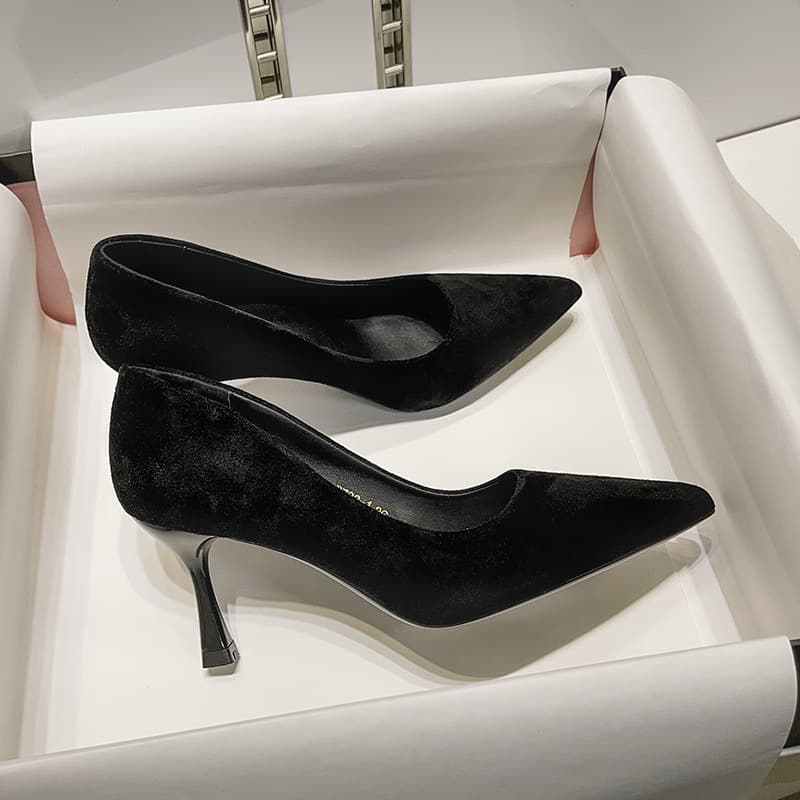 Universal professional black high heels pointed-toe, elegant suede winter shoes, french style, high-end 3