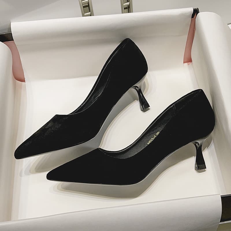Universal professional black high heels pointed-toe, elegant suede winter shoes, french style, high-end 5