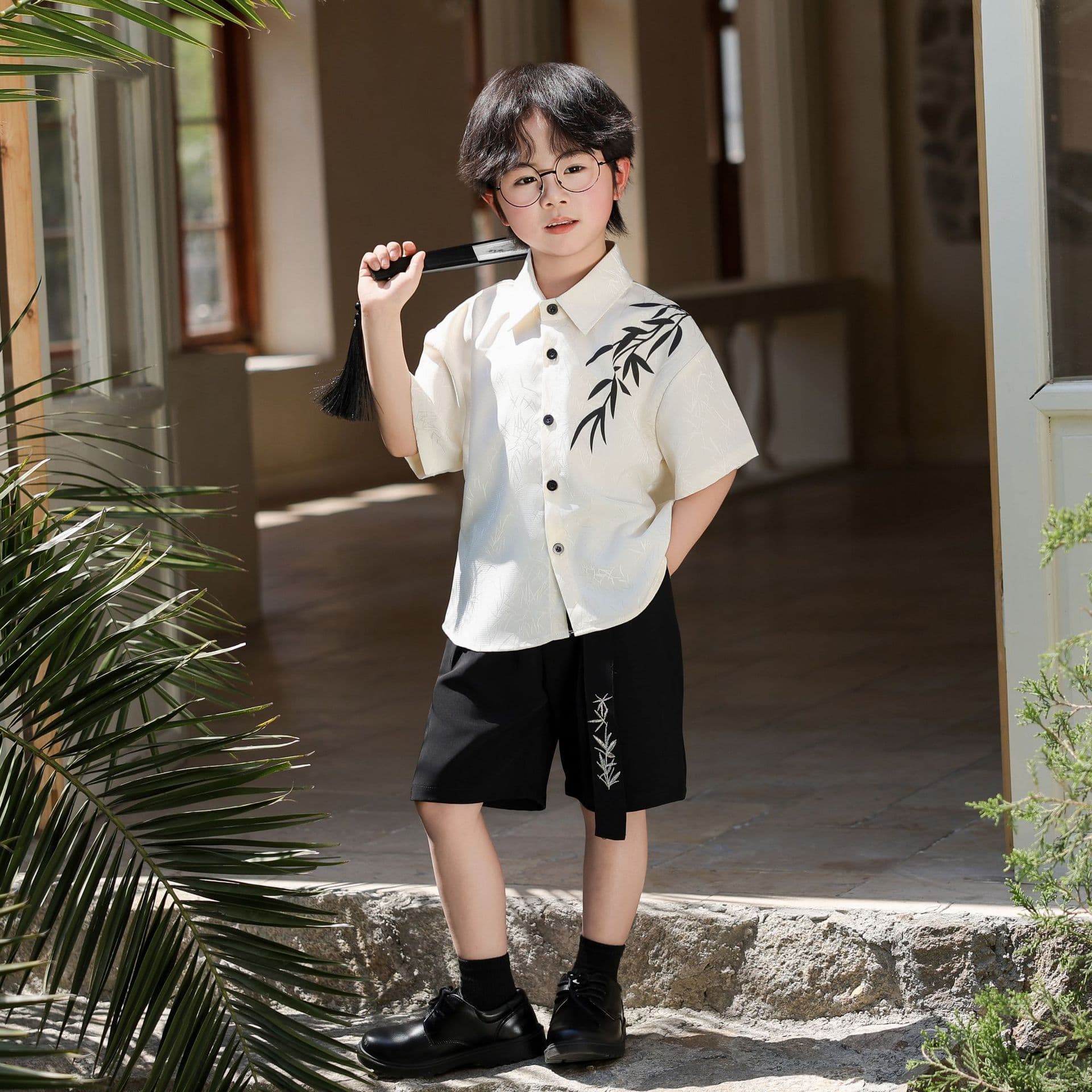 Children's shirt for boys, dress, set, suit, Chinese style, with short sleeve, children's clothing 2