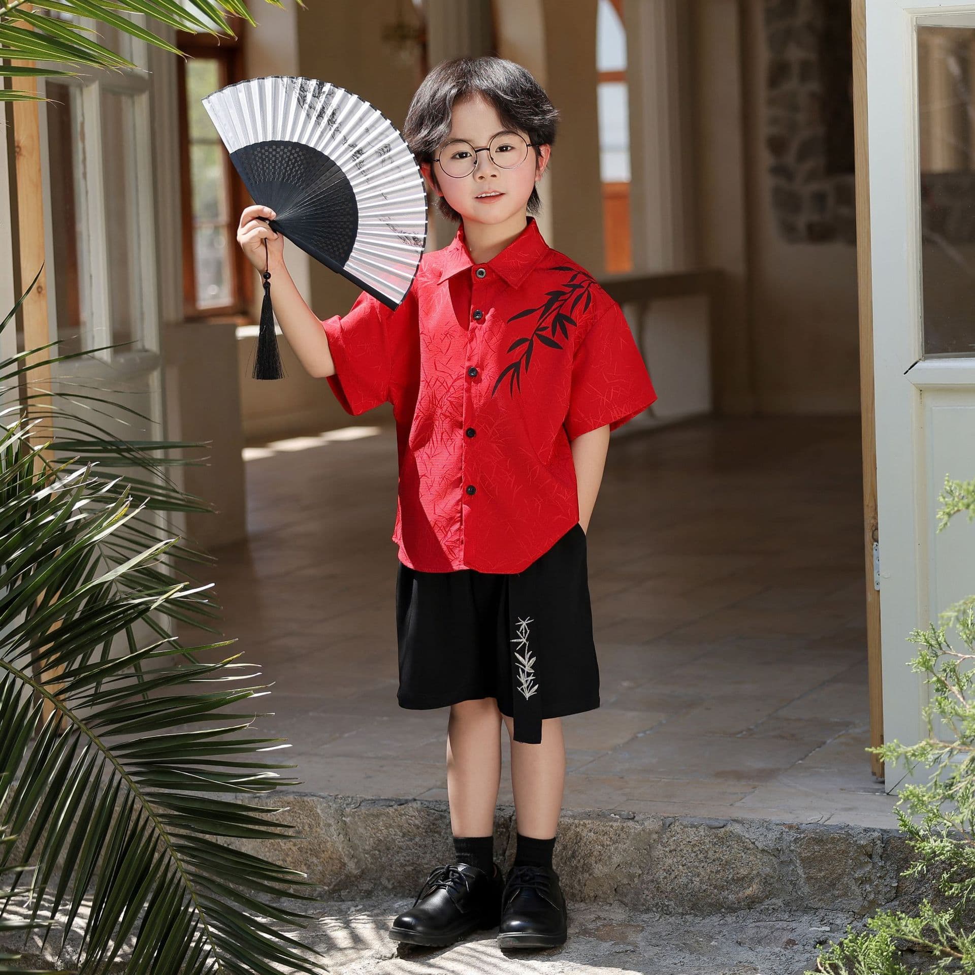 Children's shirt for boys, dress, set, suit, Chinese style, with short sleeve, children's clothing 4