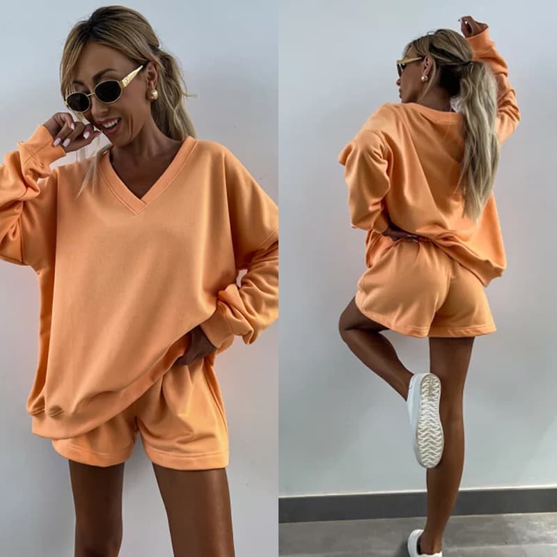 Summer set, long-sleeve, sports shorts, Amazon, V-neckline, oversize, 2 pieces 2